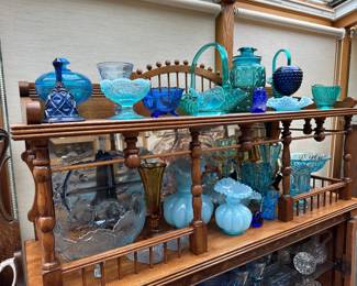 Viking Glass Diamond Quilted Blue Glass Bell, Fenton Opalescent Blue Fairy Lamp Base, Cobalt Blue 3 Footed Candy Bowl, L.E. Smith Aqua Teal Blue Glass Atterbury Scroll Canister, Opalescent Blue Hobnail Candy Dish, Teal Depression Glass Candy Bowl