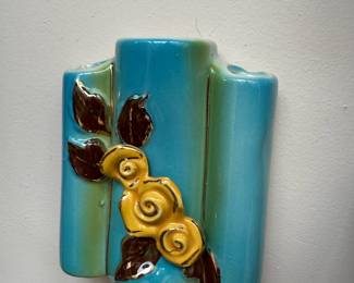 Pottery Wall Pocket Hanging 3 Bud Vase with Yellow Rose Design