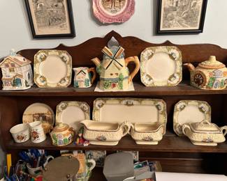 Myott England - 4 Desert Plates, Serving Platter, Crown Ducal - Pair of Embossed Floral Gravy Boats & Sugar Bowl