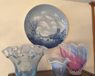  German Delftware Charger, Blue Opalescent Lace Edge Vase, Blue Opalescent Ruffled Edge Vase