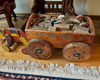 Early 1900's Children's Wagon for Building Blocks, Circa 1930's Carved Wood Elephant Pool Toy, Circa 1930's Toy Tinkers Bunny Pull Toy

