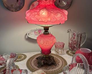 Satin Cranberry Glass Puffy Rose Veritas Hurricane Lamp