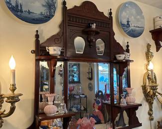 Ornate Carved Wood Hallway Mirror with Shelving