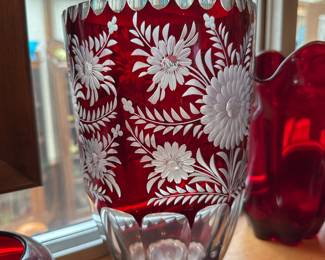 Ruby Red Bohemian Vase Clear Etched Floral Design 