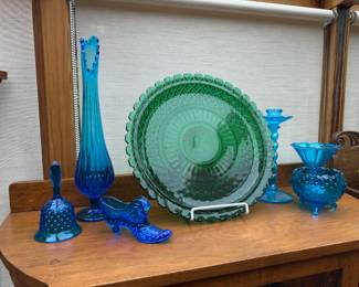 Blue Hobnail Glass Bell, Blue Ombre Swung Vase, Blue Hobnail Glass High Heel Shoe, Blue Blown Twisted Glass Candle Stick, Anchor Hocking Forest Green Waterford Waffle Cake Platter,  Blue Glass Hobnail Three-Footed Rose Bowl
