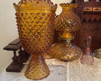 Fenton Amber Hobnail Apothecary Jar,  Fenton Amber Hobnail Oil Lamp