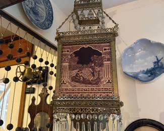 Victorian Ornate Brass Hanging Lantern with Etched Glass Panels Depicting a Gondola Scene