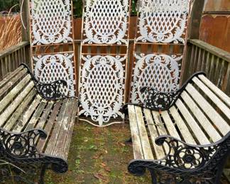 Set of 3 Matching White Wrought Iron Panels, Two Wood Benches with Black Wrought Iron Base