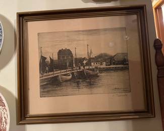 Framed & Matted Etching of Harbor Scene by C. Thormild