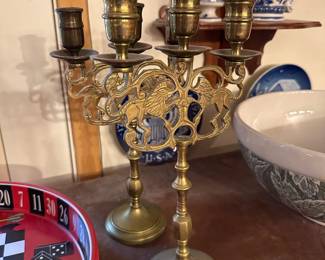 Pair of Matching Brass 3 Arm Candelabra with Lion Motif