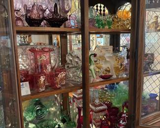 Amethyst Glass Basket, Amethyst Glass Twisted Thumbprint Trinket Dish, Heisey Lavender Ice Glass Advertising Display Figurine, Clear Glass Rooster Decanter, Victorian Ruby Glass with Hand Painted Floral Design Pitcher with 6 Glasses, Fostoria Green Depression Glass Creamer & Sugar Bowl, Westmoreland Green Glass Scalloped Basket with Braided Handle