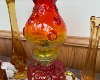 L.E. Smith Glass Amberina Red Moon and Stars Hurricane Oil Lamp, Amber Glass Swung Glass Vases