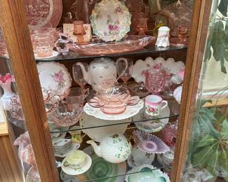 Assortment of Pink Depression Glass, 1920's Fenton Pink Diamond Optic Glass Basket with Metal Handle,  L.E. Smith Pink Moon and Star Goblet, Belleek Shamrock Teapot, Belleek Shamrock Tea Cup & Saucer,  Moritz Zdekauer Floral & Gold Powder Box