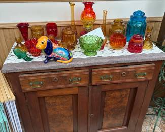 L.E.Smith Heritage Moon and Stars Red & Yellow Goblets,  L.E. Smith Moon and Star Amber Glass Fairy Lamp,  Talavera Beagle Sculpture, L.E. Smith Heritage Moon and Stars Green Footed Bowl, L.E. Smith Moon & Star Canister Set in Multiple Colors