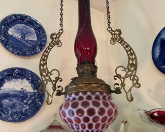 Cranberry/White Coin Dot Hanging Oil Lamp 