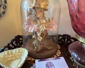 Art Nouveau Victorian Lady Porcelain Bust Figurine, Belleek Heart Shaped Trinket Dish