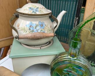 Enamelware Teapot with Blue Floral Design, Wheaton Green Carnival Glass "FDR Commemorative" Bottle 