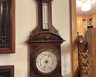 Large Carved Wood Aneroid Barometer & Thermometer
