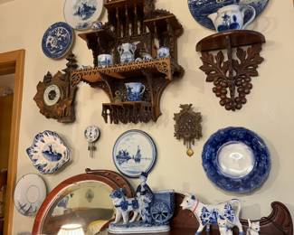 Assortment of Delft Blue Pieces, Delft Blue Porcelain Cow Creamer, Pair of Delft Blue Porcelain Kitten Figurines, German Black Forest Carved Wood Barometer