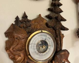 German Black Forest Carved Wood Barometer
