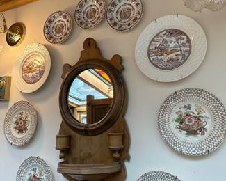 Wooden Entrance Hall Mirror with Candle Holders and Shelf, Set of 4 Myott Son and Company England Bonnie Dundee Salad Plates, Pair of Old Mill Proof Plate Dinner Plates
