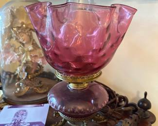 Cranberry Glass and Brass Oil Lamp with Stand