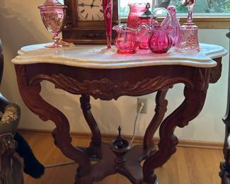 Victorian Marble Top Rosewood Side Table, Assortment of Cranberry Glass