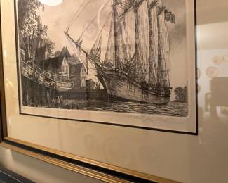Framed & Matted Etching "Sloop in the Harbor" by Alan J. Gaines 