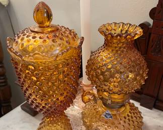 Fenton Amber Hobnail Apothecary Jar,  Fenton Amber Hobnail Oil Lamp