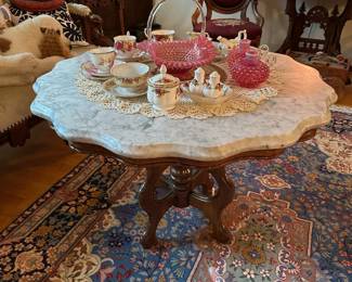 Victorian Rose Wood Coffee Table with Marble Top, Pair of Cranberry Opalescent Hobnail Candleholders, Cranberry Opalescent Hobnail Basket
