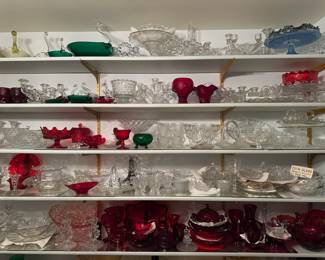 Assortment of Crystal, Ruby Red Glass, Fostoria Coin Glass,  Forest Green & Clear Swan Dish Set