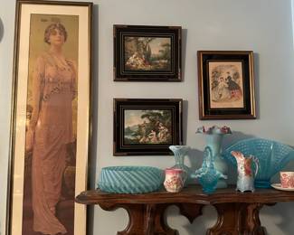 Framed 1916 Pabst Brewing Malt Advertising Lithograph, 1940's Framed La Mode Illustree Victorian Women's Fashion Print, Reverse Swirl Blue Opalescent Glass Bowl, RS Prussia Floral Painted Pitcher, Blue Majolica Bird Bread & Butter Plate From Germany, Framed Francois Boucher Prints - Charms of Country Life, Le Nid