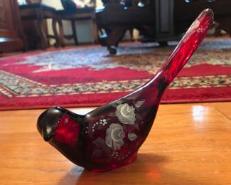 Fenton Ruby Red Glass Bird with Hand Painted Flowers