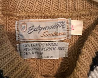 Edgeworth Sportsman Wool Blend Brown, White/Black Striped Collar V-Neck Sweater – Size Large