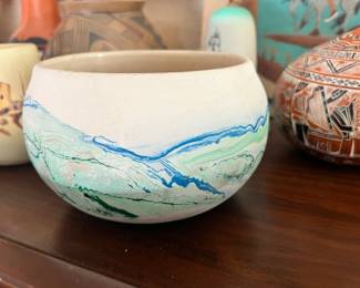 Nemadji Pottery White with Blue/Green Swirl Bowl