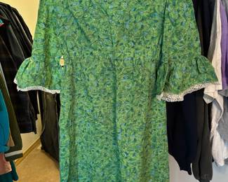 Circa 1960's Green Floral Crewneck Mini Dress with Flared 3/4 Sleeves