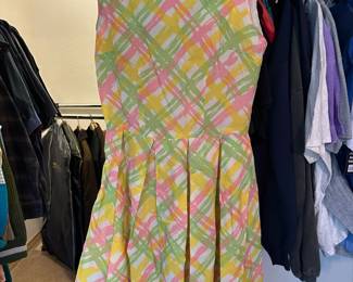 Circa 1960's Pastel Green, Yellow & Pink Plaid Pleated Mini Dress