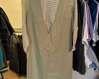 Tan Deep V-Neck Mini Dress with Brown/White Plaid Long Sleeve Shirt