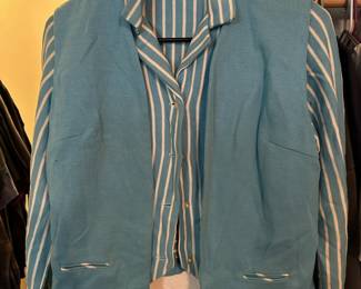 Circa 1960's Blue/White Striped Cropped Long Sleeve Button Up Shirt with Matching Blue Vest