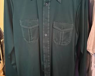 Circa 1970's Montgomery Ward Green Long Sleeve Button Up Shirt with White Threading