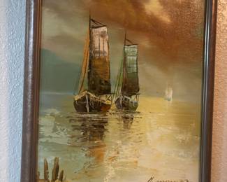 Framed Oil Painting of Sail Boats by H. Moner