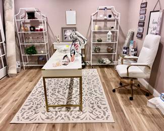White Bookshelves / White Metal and Glass Shelves, White Desk, Area Rugs, Desk Chair, and Decor