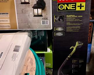 NEW in Box Ryobi ONE 10” Cordless String Trimmer / Edger, New Hose and Lantern Lights