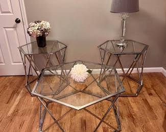 Chrome and Glass Hexagon Coffee Tables and End Tables