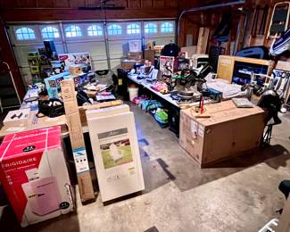 Awesome things, mini fridge, Adirondack chairs, tools, kayaks, fire table, and tons more