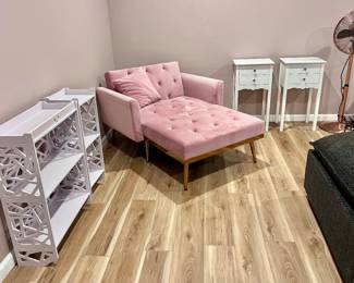 Cute Furniture, Pink Chair and Ottoman, White Nightstands, White Bookshelves, Rose Gold Floor Fan
