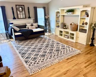Area Rug, New queen bed with new Casper mattress, three-piece bookcase console table