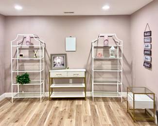 White Bookshelves / Display Cases / Shelves, White and Gold Console Table, White and Gold End Table and Decor