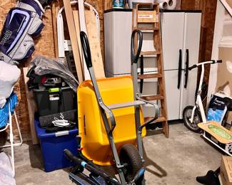 Wheel Barrow, Scooters, Storage Shed, Golf Clubs and Misc