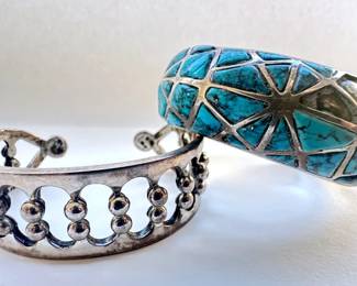 Vintage HMS Sterling Silver Cuff Bracelet With Turquoise Inserts & Silver Bracelet
Lot #: 69